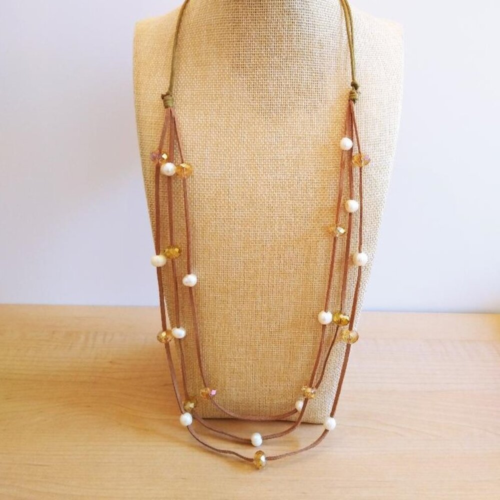 Multi Suede Strand Necklace with Genuine Pearls and Faceted Yellow Bead Necklace